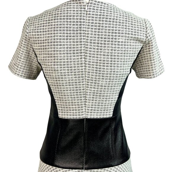 Tibi Whitby Faux Leather Panel Fit & Flare Dress 2 Stretch Tweed Monochrome - Picture 7 of 11